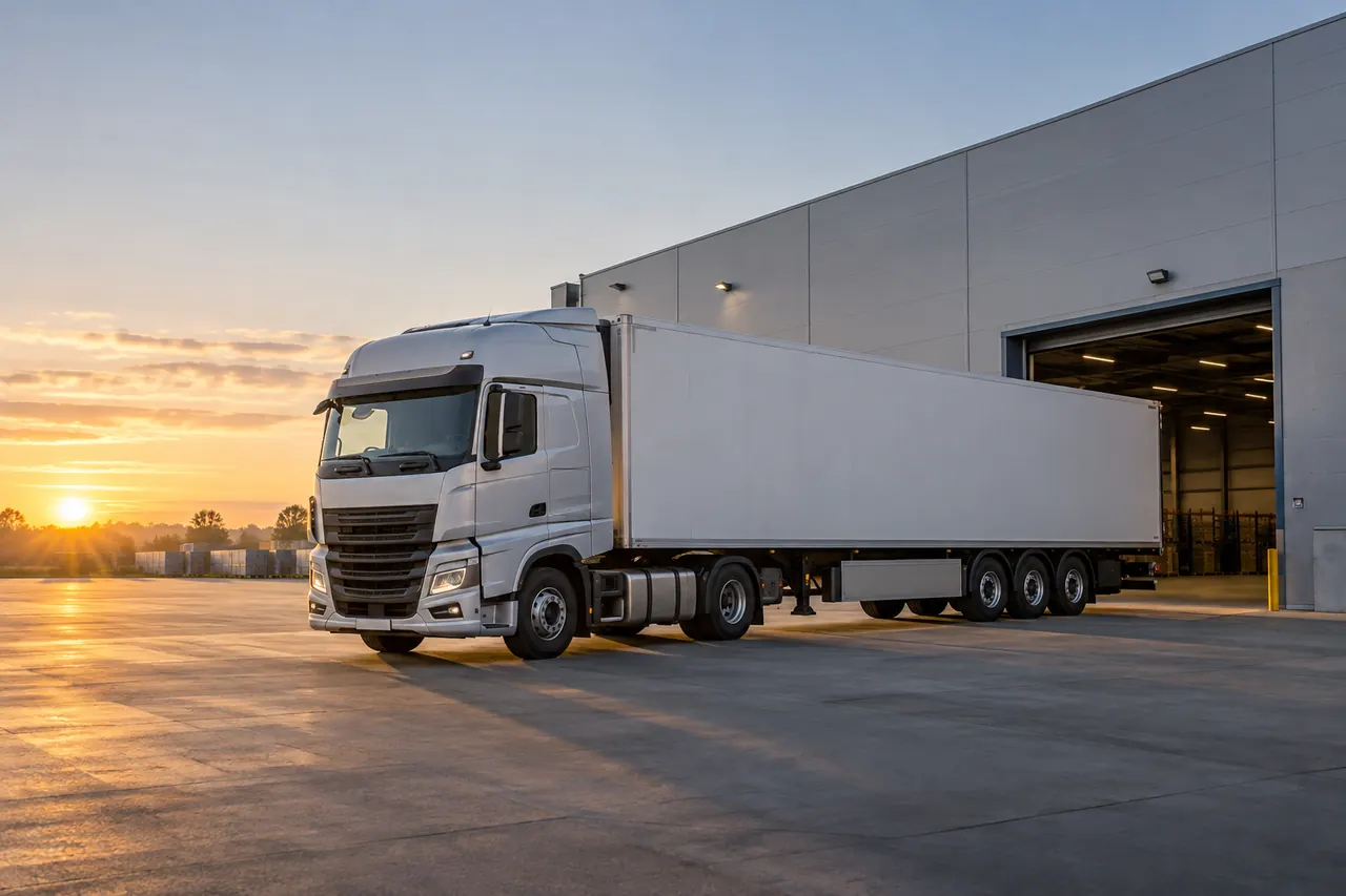 Un tráiler sale de una nave industrial al amanecer.