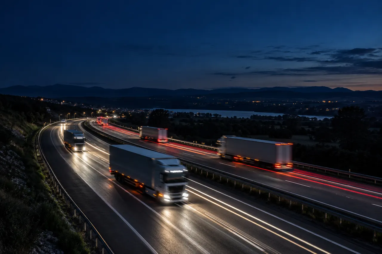Estelas de luz de los camiones sobre una autopista de noche.